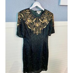Mark & John By Gopal Black Sheer Beaded Gold Embroidered Dress Medium